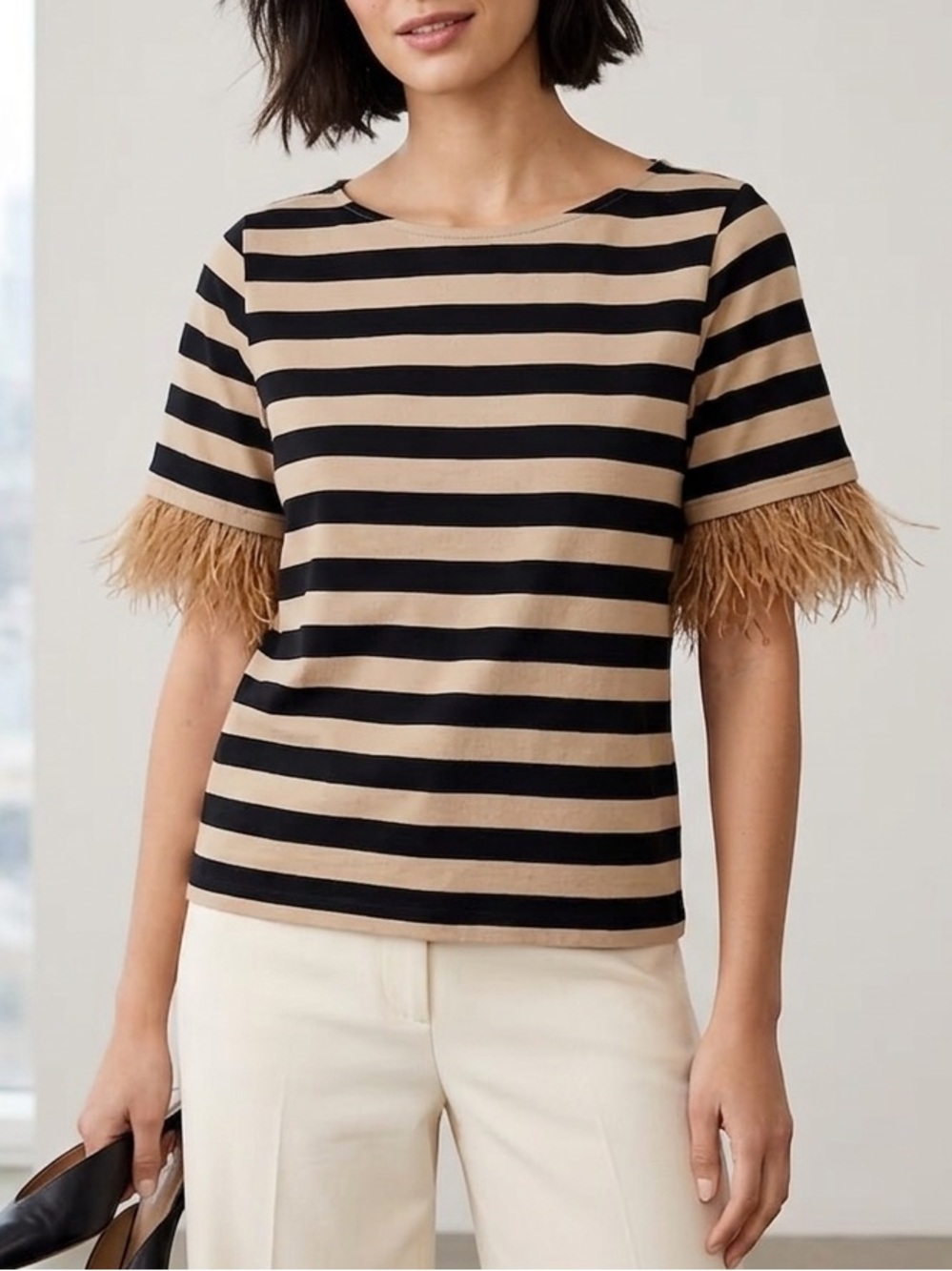 NWT J.Crew Stripe Ostrich Feather Cuff T-Shirt Top Boatneck Tan Black❤️